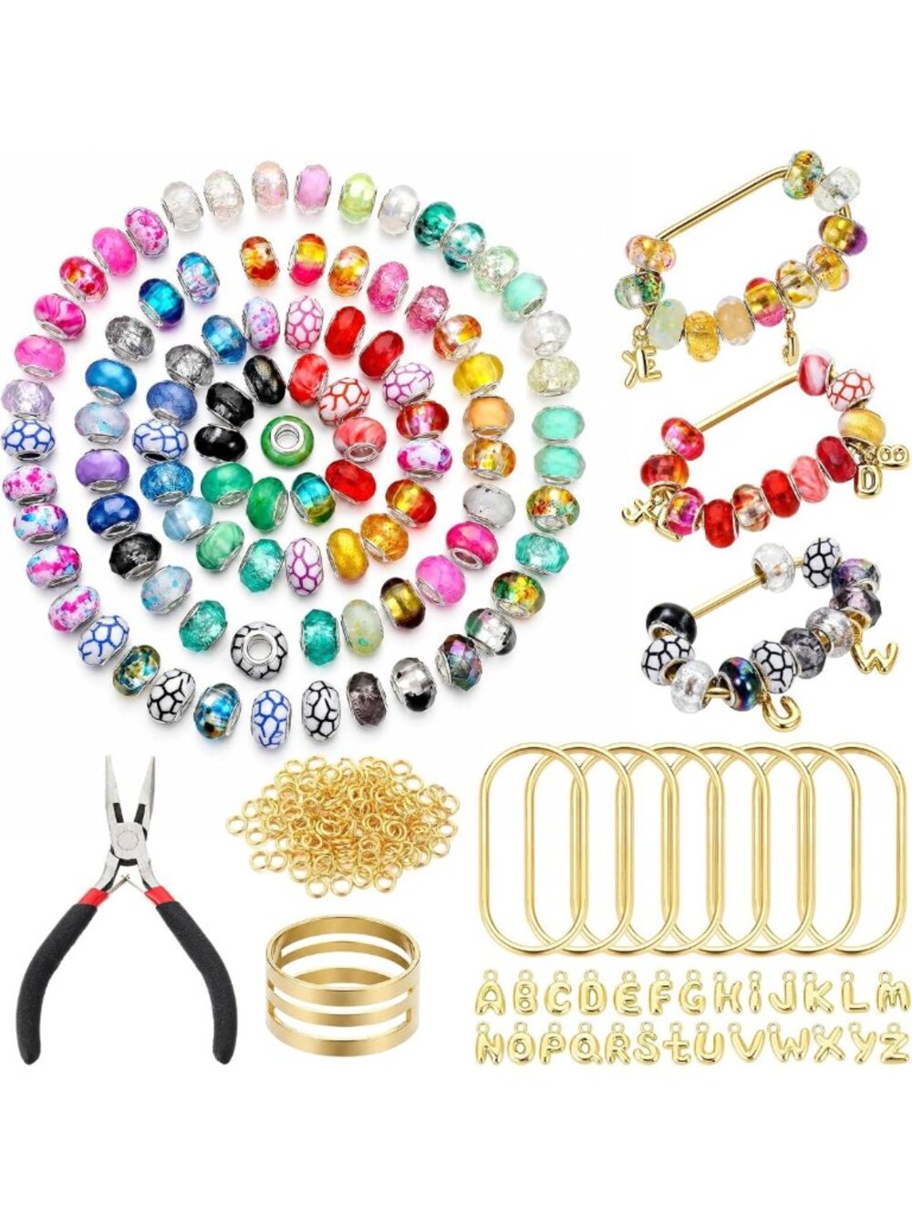 DIY Beaded Key Ring Set - 8 Brass Charms, Gold Carabiner, Alphabet Pendants